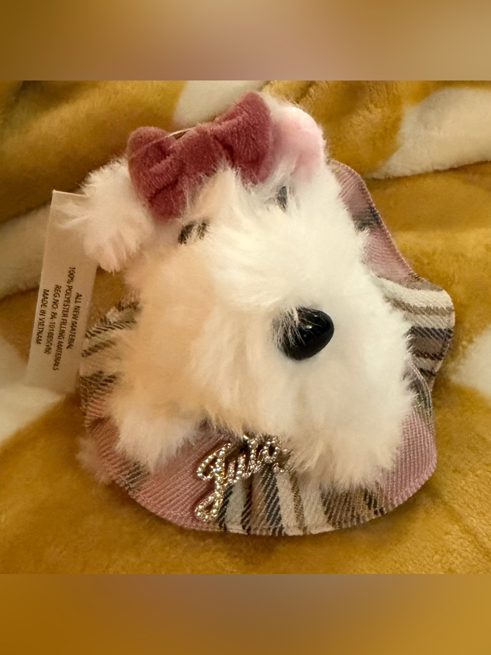Plush White & Pink Fluffy Dog Bag Charm with Bow Accent